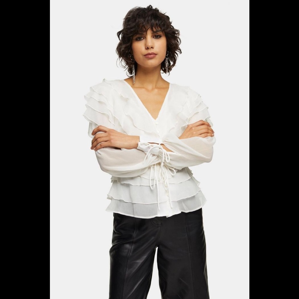 Topshop Ivory Ruffle Layer Sheer Blouse 6 Small